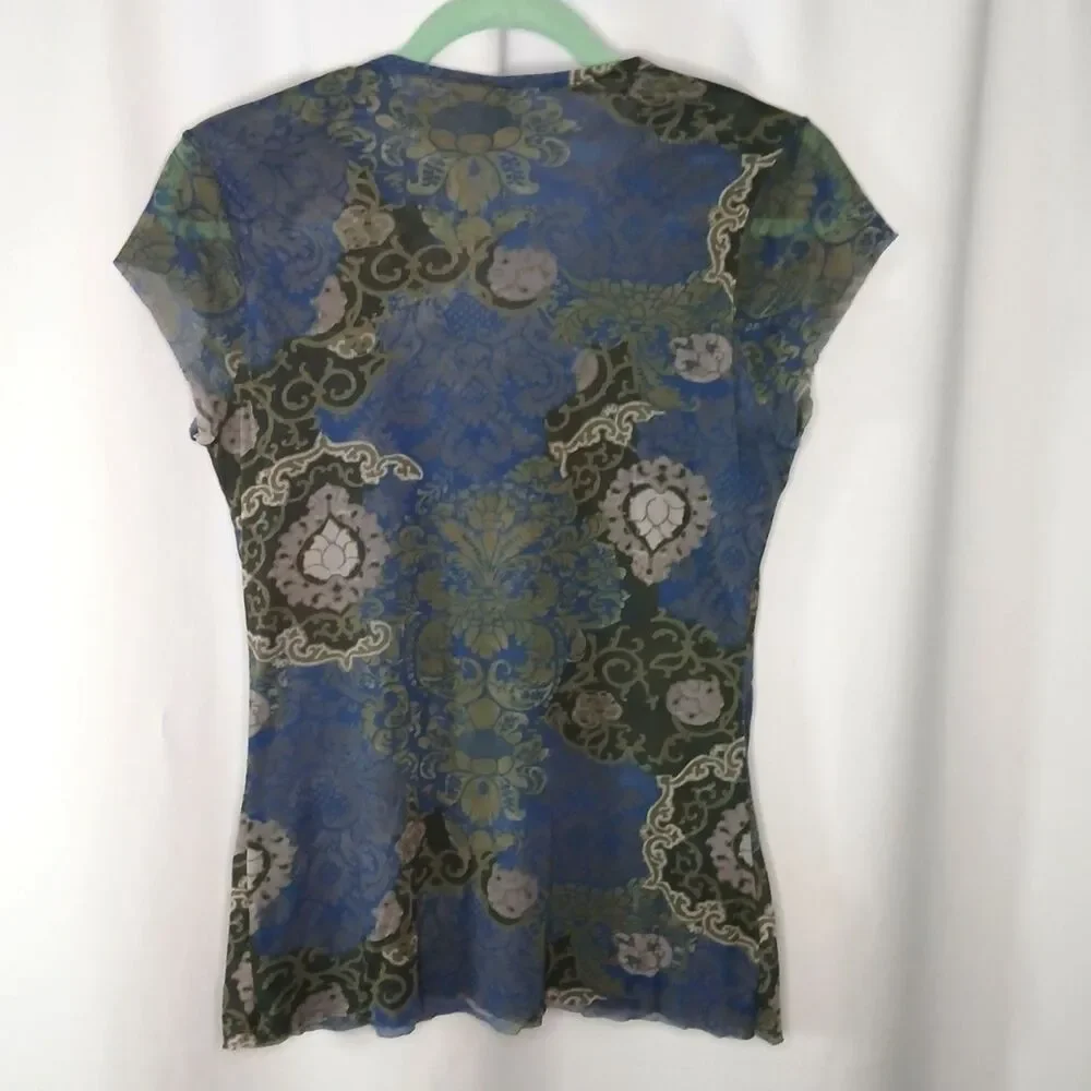 Lucy + Fiona V-Neck Blouse Short Slve Nylon Mesh Lined Fitted Top Womens Large - Picture 2 of 5